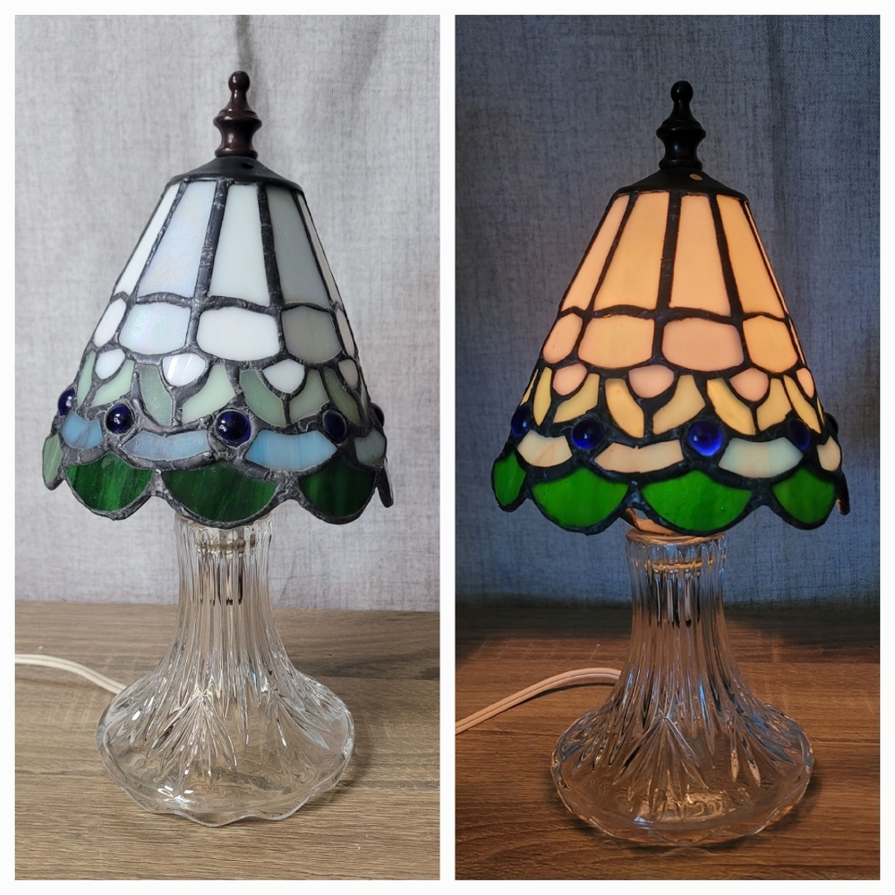 Vintage Tiffany Style Hand Crafted Stained Glass Table Lamp with Blue Jewels
